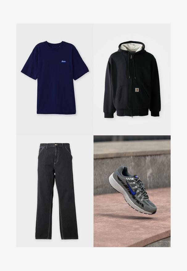 Schwarze Zip-Hoodie mit einem weißen Innenfutter, vorderen Taschen, Kordelzugkapuze und einem kleinen Logo-Patch auf der linken Tasche. Glatte Stoffstruktur.; Hemd aus navyblauem Baumwollstoff mit Rundhalsausschnitt, kurzen Ärmeln und einem kleinen rechteckigen Markenetikett in Blau und Weiß auf der linken Brust.; Schwarze Jeans mit geradem Bein, Vordertaschen, Gürtelschlaufen und sichtbaren weißen Nähten auf einfachem hellgrauem Hintergrund.; Grauer und schwarzer Nike-Laufschuh mit blauem Swoosh und weißer Sohle, der über einer Steinoberfläche schwebt.