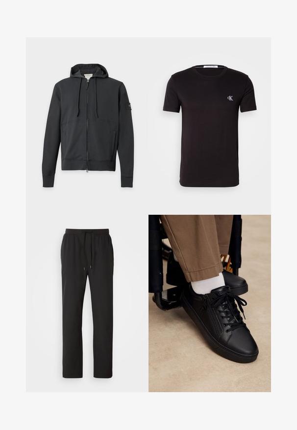 Schwarzer Hoodie mit Reißverschluss, Fronttaschen, Kordelzugkapuze und kleinem Aufnäher am linken Ärmel vor schlichten Hintergrund.; Schwarzes T-Shirt mit kurzen Ärmeln und Rundhalsausschnitt mit kleinem weißen "cK" Logo auf der linken Brust und Calvin Klein Jeans Label innen im Kragen.; Schwarze Jogginghosen aus leichtem Stoff, mit einem elastischen Bund und verstellbaren Kordeln sowie Seitentaschen. Glatte Textur.; Schwarzer Ledersneaker mit Schnürsenkeln und seitlichem Reißverschluss, getragen mit weißen Socken und brauner Hose, Fuß ruht auf der Fußstütze eines Rollstuhls.