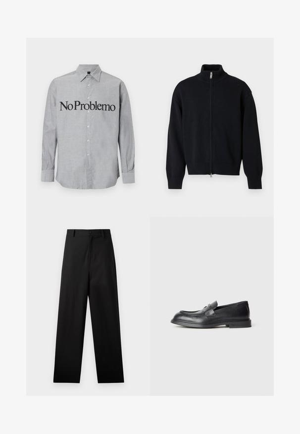 Pull en tricot noir à manches longues avec fermeture éclair, col montant et bords-côtes aux poignets et à l'ourlet, sur un fond uni clair.; Chemise grise à boutons avec un col, des manches longues, et "No Problemo" imprimé en grandes lettres noires sur le devant. Tissu lisse et léger.; Pantalons noirs en coton avec une coupe droite, dotés d'une fermeture à bouton à l'avant et de poches latérales. Texture lisse, sans motifs.; Mocassins en cuir noir avec une finition texturée, dotés d'une bride décorative à l'avant et d'un bout arrondi. Semelle en caoutchouc pour plus de durabilité.