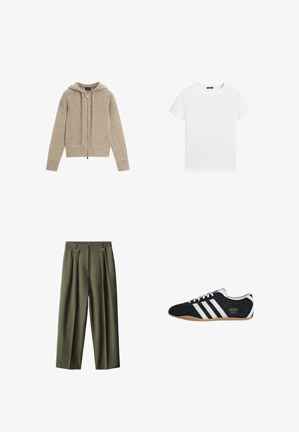 Cardigan à capuche beige en maille, manches longues, fermeture éclair à l'avant, poignets et ourlet côtelés.; T-shirt blanc uni à manches courtes avec un col rond et une petite étiquette noire à l’intérieur du col.; Pantalons larges vert olive en tissu lisse, dotés de plis avant, d'une fermeture à un bouton et de deux poches latérales.; Sneakers en suede noir avec trois bandes blanches, logo doré et semelle en caoutchouc marron. Présente un design à lacets à profil bas.