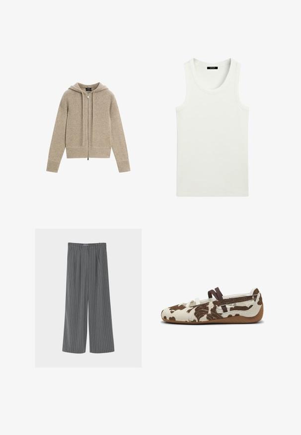 Beige strikket hættecardigan med lange ærmer, lynlås foran og ribstrikkede ærmeafslutninger og kant.; Hvid ærmeløs ribstrikket tanktop med rund halsudskæring og label indeni kraven.; Grå bukser med vide ben og hvide lodrette nålestriber, bæltestropper og forlommer med læg, vist mod en ensfarvet baggrund.; Flade sko i købmælkprint med en struktureret overdel i brun og creme, elastiske remme og en gummisål med et fleksibelt design.