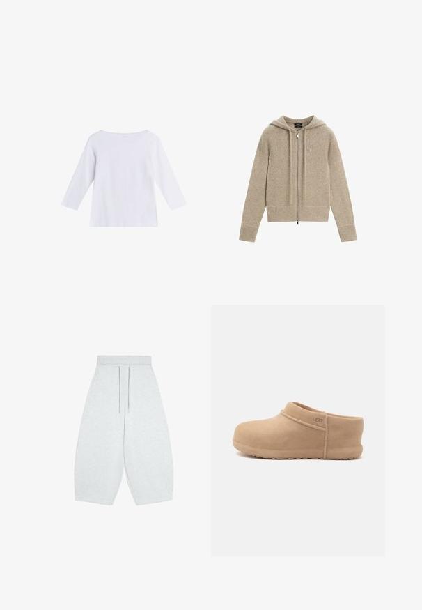 Beige strikket hættecardigan med lange ærmer, lynlås foran og ribstrikkede ærmeafslutninger og kant.; Hvid langærmet skjorte med bådudskæring, lavet af blødt stof, vist på en ensfarvet hvid baggrund.; Lysegrå viddebenede cropped bukser med elastisk talje og snøre foran, lavet af blødt strikket stof.; Lysebrun ruskind slip-on træsko med lav hæl og UGG-logo på siden, vist mod en ensartet hvid baggrund.