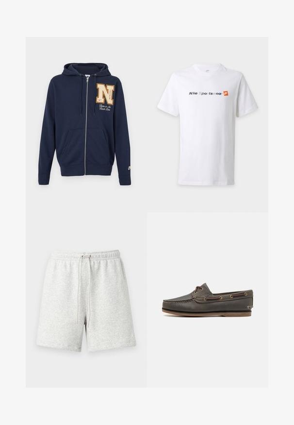 Marineblå hættejakke med lynlås, frontlommer, stor "N" patch og teksten "There is No Finish Line" på brystet samt lille Nike-logo på ærmet.; Hvid T-shirt med korte ærmer med teksten "Nike Sportswear" i grå og marineblå samt et orange Nike-logo på brystet.; Lysegrå bomuldsshorts med elastisk talje og justerbar snøre. Har en hvid logo-accent på den nederste venstre side.; Mørkebrune læder bådsko med lav profil, der har messingøjer og kontrasterende syninger, flad gummisål og struktureret overflade.