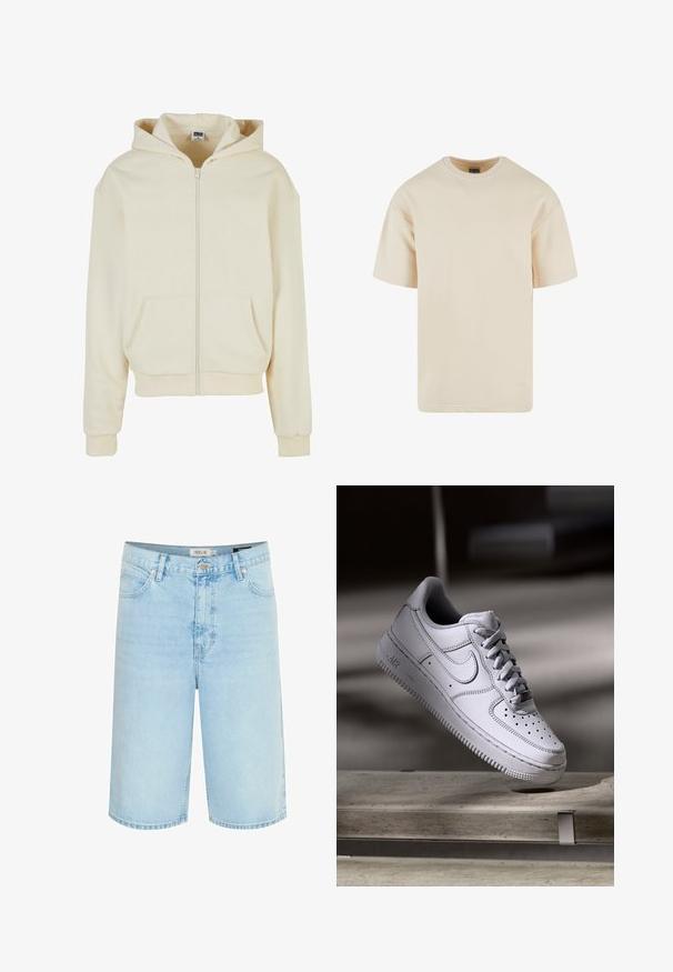 Haut à capuche crème en tissu doux, avec une fermeture éclair intégrale, deux poches avant et un capuchon avec cordon de serrage. Design classique et décontracté.; T-shirt en coton beige avec un col rond, des manches courtes et une coupe droite. Texture lisse et sans motifs ni accents visibles.; Shorts en denim bleu clair avec une coupe décontractée, design à cinq poches, fermeture à un bouton et coutures contrastées le long des coutures.; La basket Nike Air Force 1 en cuir blanc présente un embout perforé, des lacets plats et une semelle en caoutchouc texturée avec le logo « AIR » sur le côté.