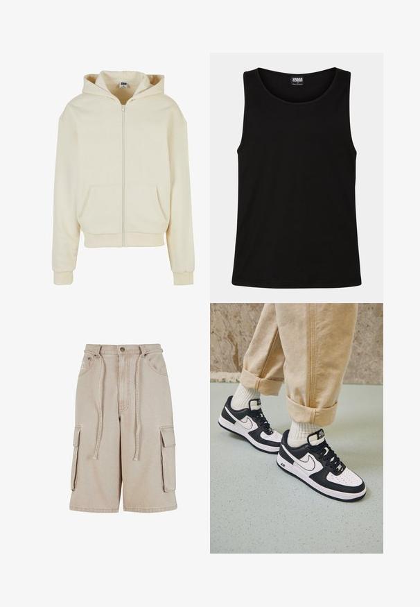 Cremefarbener Kapuzenpulli aus weichem Stoff, mit einem vollständigen Reißverschluss, zwei frontalen Taschen und einer Kapuze mit Kordelzug. Klassisches, lockeres Design.; Schwarzes Tanktop aus weichem Baumwollstoff. Hat einen runden Halsausschnitt und breite Armausschnitte, ohne sichtbare Muster oder Akzente.; Beige Cargo-Shorts aus Baumwolle mit einem Kordelzugbund, zwei Seitentaschen und einer einzelnen Seitentasche, mit sichtbaren Nähdetails.; Schwarz-weiße Nike Air Force 1 Sneaker mit einem Obermaterial aus Leder, perforierter Zehenpartie und strukturiertem Sohlendesign, getragen mit aufgerollten beigen Hosen und weißen Socken.