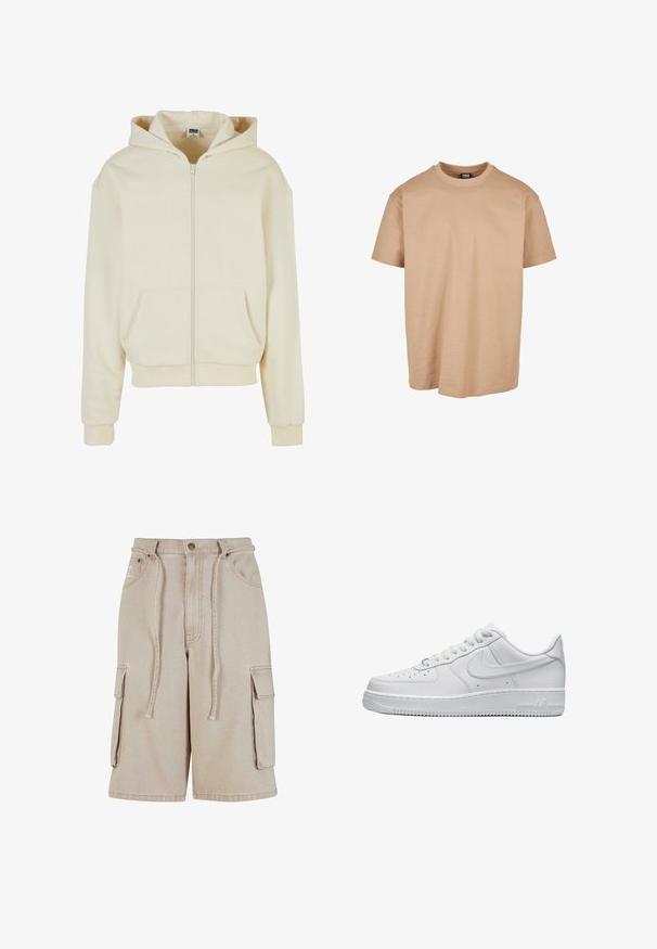 Sudadera cremosa hecha de tejido suave, con cremallera completa, dos bolsillos frontales y capucha con cordón. Diseño clásico de ajuste relajado.; Camiseta de algodón beige con cuello redondo, mangas cortas y un corte relajado; presenta una textura suave y un diseño minimalista.; Pantalones cortos cargo beige de algodón con cintura con cordón, dos bolsillos laterales y un bolsillo lateral adicional, que presentan detalles de costura visibles.; Zapatilla Nike Air Force 1 de perfil bajo completamente blanca, con puntera perforada, cierre de cordones y el logo de Nike en relieve en el lateral.