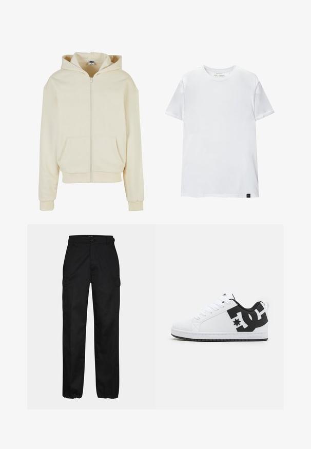 Creme hoodie lavet af blødt stof, med en fuld lynlås, to forlommer og en hætte med snoretræk. Klassisk, afslappet pasform.; Hvid muskeltilpasset t-shirt lavet af bomuld. Rund hals, korte ærmer, glat tekstur. Lille sort logo-tag nederst. Enkelt design.; Sorte cargo bukser med lige pasform, der har sidelommer, knaplukning og elastiske manchetter ved anklerne. Fremstillet af slidstærkt stof.; Hvide atletiske sko med en glat syntetisk overdel, der har sorte logo-detaljer og en gummisål. Snørebåndsdesign, med afrundet tåform.