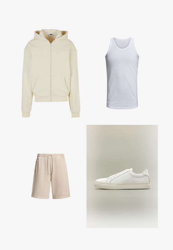 Creme hoodie lavet af blødt stof, med en fuld lynlås, to forlommer og en hætte med snoretræk. Klassisk, afslappet pasform.; Hvid bomulds tank top med rund halsudskæring, brede skulderstropper og minimal branding trykt indeni kraven. Blød tekstur, afslappet pasform.; Beige shorts lavet af en bomuldsblanding med elastisk talje og snøre, med to sidelommer og et lille logo patch på kanten.; Hvid lavtop sneaker med snørebånd foran og tyk sål, vist fra siden mod en neutral baggrund.