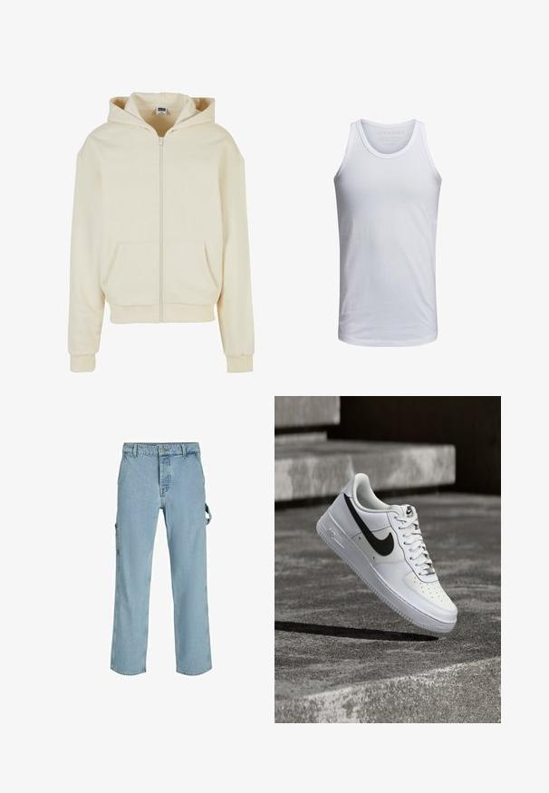 Sudadera cremosa hecha de tejido suave, con cremallera completa, dos bolsillos frontales y capucha con cordón. Diseño clásico de ajuste relajado.; Top de tirantes de algodón blanco con cuello redondo, tirantes anchos y un logo minimalista impreso dentro del cuello. Textura suave, ajuste casual.; Pantalones cargo de mezclilla azul claro con un corte relajado, que cuentan con lazos de sujeción laterales y bolsillos frontales, mostrando una textura desgastada.; Zapatilla blanca Nike Air Force 1 con el logo Swoosh negro, cordones atados, posicionada en el aire sobre una superficie de concreto texturizado al aire libre.