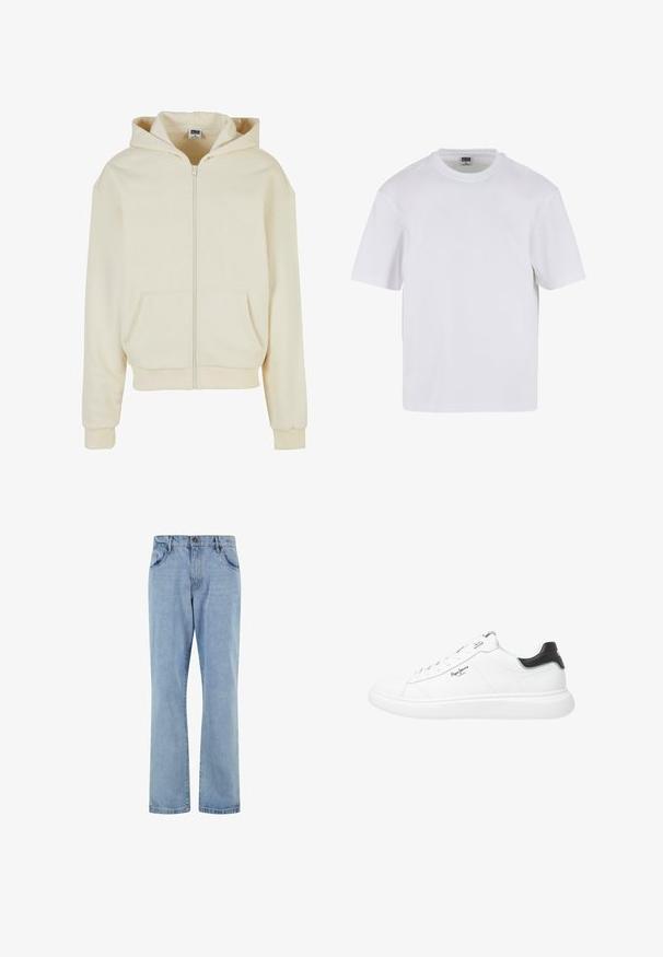 Cremefarbener Kapuzenpulli aus weichem Stoff, mit einem vollständigen Reißverschluss, zwei frontalen Taschen und einer Kapuze mit Kordelzug. Klassisches, lockeres Design.; Weißes T-Shirt mit kurzen Ärmeln aus Baumwolle. Besitzt einen Rundhalsausschnitt und eine lockere Passform. Glatte Textur, minimalistisches Design, ohne Muster oder Akzente.; Hellblaue Straight-Leg-Denim-Jeans mit Vordertaschen, Gürtelschlaufen und Knopfverschluss auf weißem Hintergrund.; Weiße niedrige Sneakers aus Leder mit glänzender Oberfläche, versehen mit schwarzen Akzenten an der Ferse, runden Schnürsenkeln und dezentem Seitennähten.