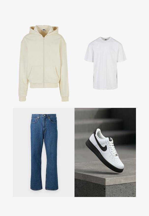 Crème hoodie van zachte stof, met een volledige rits, twee zakken aan de voorkant en een capuchon met trekkoord. Klassiek, relaxed fit ontwerp.; Eenvoudig wit T-shirt met korte mouwen en ronde hals, met een losse pasvorm, afgebeeld tegen een witte achtergrond.; Blauwe rechttoe rechtaan denim jeans met voorzijde knoop en rits, vijf zakken en oranje stiksel details op een effen achtergrond.; Witte leren sneaker met zwarte accenten, afgeronde neus en geperforeerde details. Zwarte rubberen zool met een gestructureerd patroon en vetersluiting.