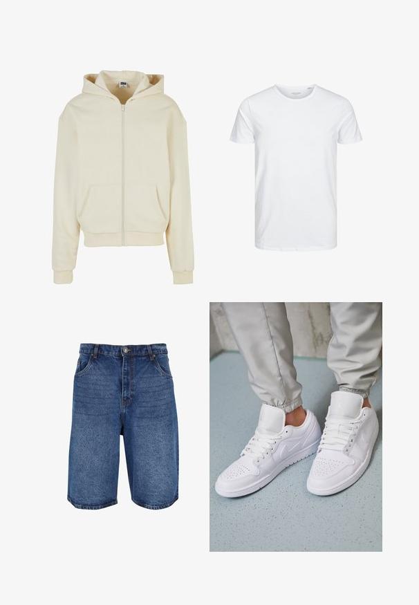 Creme hoodie lavet af blødt stof, med en fuld lynlås, to forlommer og en hætte med snoretræk. Klassisk, afslappet pasform.; Rundhals kortærmet t-shirt i ensfarvet hvid, lavet af blød bomuld, har et simpelt design uden synlige mønstre eller detaljer.; Denimshorts i mellemblå, med et klassisk design, fem lommer og en lynlås med knaplukning. Grov tekstur og lige pasform.; Hvide lædersneakers har en perforeret tåboks, flade snørebånd, polstret krave og Jordan-logoet på tungen. Båret med grå joggers.