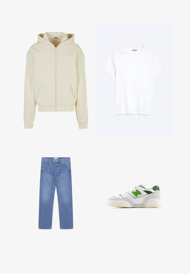 Sudadera cremosa hecha de tejido suave, con cremallera completa, dos bolsillos frontales y capucha con cordón. Diseño clásico de ajuste relajado.; Camiseta blanca lisa de cuello redondo y manga corta con una etiqueta visible de la marca WEEKDAY en el cuello, mostrada sobre un fondo claro.; WOOD WOOD WW TYPE 2 DENIM STRAIGHT LEG - Vaqueros rectos - ocean; Zapatilla blanca con acentos verdes, hecha de cuero y ante. Presenta un upper texturizado, collar acolchado y una suela de goma con tacos visibles.