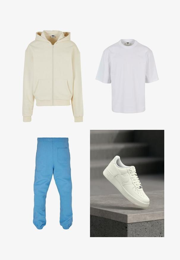 Creme hoodie lavet af blødt stof, med en fuld lynlås, to forlommer og en hætte med snoretræk. Klassisk, afslappet pasform.; Hvid, kortærmet t-shirt lavet af bomuld. Har rund halsudskæring og løs pasform med en glat tekstur og ingen synlige mønstre eller grafik.; Lyseblå sweatpants lavet af blødt bomuldsstof. Har en elastisk talje, tapered benmanchetter og en baglomme.; Hvid lædersneaker med lavprofildesign, tekstureret overflade, perforeringer på tåen og sølvfarvede detaljer på snørebånd og mærkning.