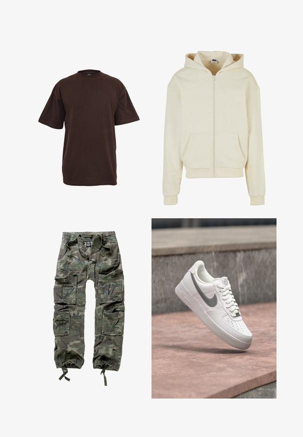 Cremefarbener Kapuzenpulli aus weichem Stoff, mit einem vollständigen Reißverschluss, zwei frontalen Taschen und einer Kapuze mit Kordelzug. Klassisches, lockeres Design.; Braunes Baumwoll-T-Shirt mit kurzen Ärmeln, Rundhalsausschnitt und lockerer Passform. Glatte Textur ohne sichtbare Muster oder Akzente.; Tarnfarben Cargo-Hosen aus Baumwolle, mit mehreren Taschen, elastischen Bündchen und einem lockeren Schnitt mit einem Kordelzugbund.; Weißer Nike Air Force 1 Sneaker mit grauem Swoosh-Logo, der über einer Steinoberfläche und einem grauen Steinwandhintergrund schwebt.