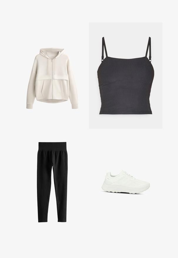 Lysebeige hættetrøje med lynlås foran, snøre i hætten, lange ærmer og to forlommer, synlige på en hvid baggrund.; Sort ribbet camisole med tynde justerbare stropper og tætsiddende design, der har en glat tekstur og en lige halsudskæring.; Sorte ribstrikkede leggings med høj talje og bred elastik i taljen, tætsiddende pasform i fuld længde uden synlige logoer eller mønstre.; Hvide atletiske sko med en tekstureret overdel og mesh-paneler, snørebåndsdesign, polstret sål og diskret logo på hælen.