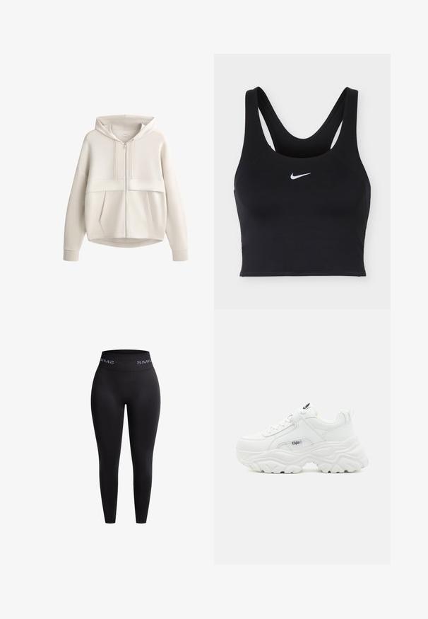 Sweat à capuche beige clair avec fermeture éclair frontale, capuche à cordon, manches longues et deux poches avant visibles sur fond blanc.; Brassière de sport Nike noire avec larges bretelles et logo Nike swoosh blanc centré sur l'avant.; Leggings noirs en tissu extensible avec une taille haute élastique présentant le texte "SMIL" en blanc. Texture lisse et design ajusté.; Des sneakers blancs chunky avec un dessus en cuir lisse, un bout rond et une semelle épaisse texturée avec un logo de marque visible sur le côté.