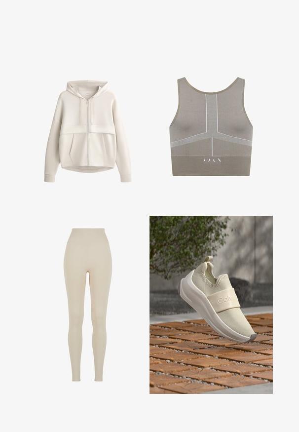 Sweat à capuche beige clair avec fermeture éclair frontale, capuche à cordon, manches longues et deux poches avant visibles sur fond blanc.; Soutien-gorge de sport brun clair avec une texture côtelée et des motifs horizontaux blancs. Encolure en scoop et larges bretelles ; logo au centre en bas.; Leggings beiges en tissu extensible avec une taille haute ; texture lisse, silhouette ajustée, sans motifs ni détails matériels visibles.; Chaussure de sport beige à enfiler avec une sangle élastique sur le dessus, en l'air au-dessus d'un pavement en briques marron avec un buisson vert et un mur gris en arrière-plan.