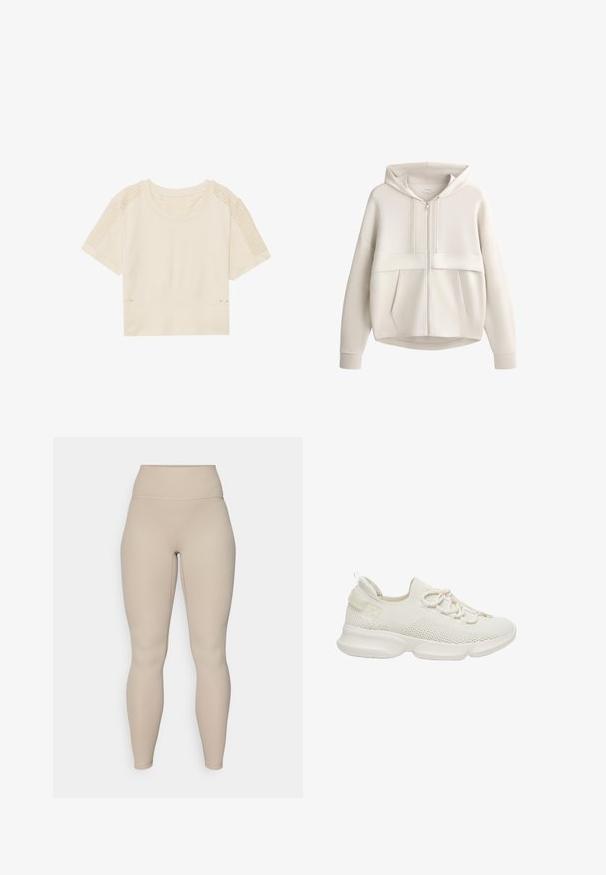 Sweat à capuche beige clair avec fermeture éclair frontale, capuche à cordon, manches longues et deux poches avant visibles sur fond blanc.; T-shirt court beige clair à manches courtes, avec panneaux en maille sur les épaules, texture côtelée et ouvertures latérales ornées de petits accents dorés.; Leggings beiges taille haute avec une texture côtelée, dotés d'une ceinture lisse et de jambes ajustées, conçus pour le confort et la flexibilité.; Baskets de sport blanches avec une tige en tricot, un design à lacets, des panneaux latéraux texturés et une semelle épaisse. Comprend une languette au talon.