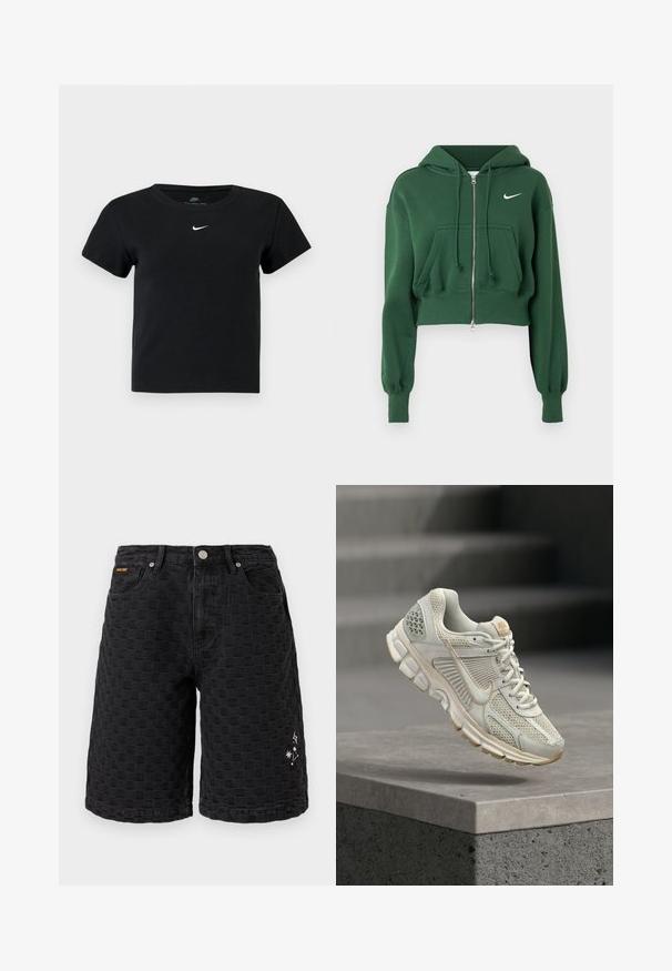 Grøn cropped hættetrøje med lynlås, lavet af bomuldsblanding, med kængurulomme, snoretræk og hvid Nike-logo på brystet.; Sort ribbet t-shirt med korte ærmer, der har et lille hvidt Nike-logo på brystet og en rund halsudskæring.; Sorte knælange shorts med et tekstureret ternet mønster, forreste knap, lommer og små hvide stjerne- og gnistdesignet på højre ben.; Lys beige løbesko med mesh-overdel, blød foring, gummisål og brune accenter. Har et markant side swoosh-logo og teksturerede paneler.
