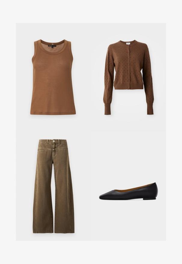 Cardigan marron à manches longues, col rond et boutons sur le devant. Présente des points texturés et une coupe courte. Tissu en tricot doux.; Débardeur marron côtelé sans manches avec encolure ronde et ourlet droit, présenté sur un fond gris clair uni.; Pantalon marron taille haute à jambes larges avec bouton devant, passants de ceinture, et coutures visibles sur fond clair.; Chaussure plate en cuir noir à bout pointu avec talon bas et finition lisse, vue de côté sur un fond gris clair.