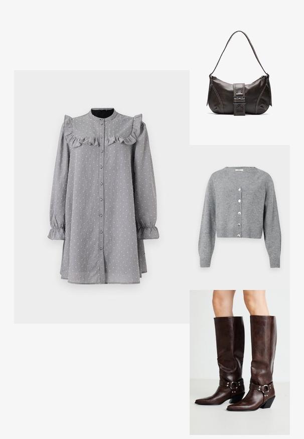 Cardigan court à manches longues gris clair avec col en V, poignets et ourlet côtelés, et six boutons en forme de perles sur le devant.; Robe grise à boutons avec un col ruché, des manches longues et des poignets élastiques. Présente un motif texturé subtil et une coupe ample.; RAID NEVIS - Bottes de cowboy / motard - brown; Sac à épaule en cuir marron avec une forme courbée, présentant un détail de boucle proéminent, des coutures contrastantes et une seule bandoulière.