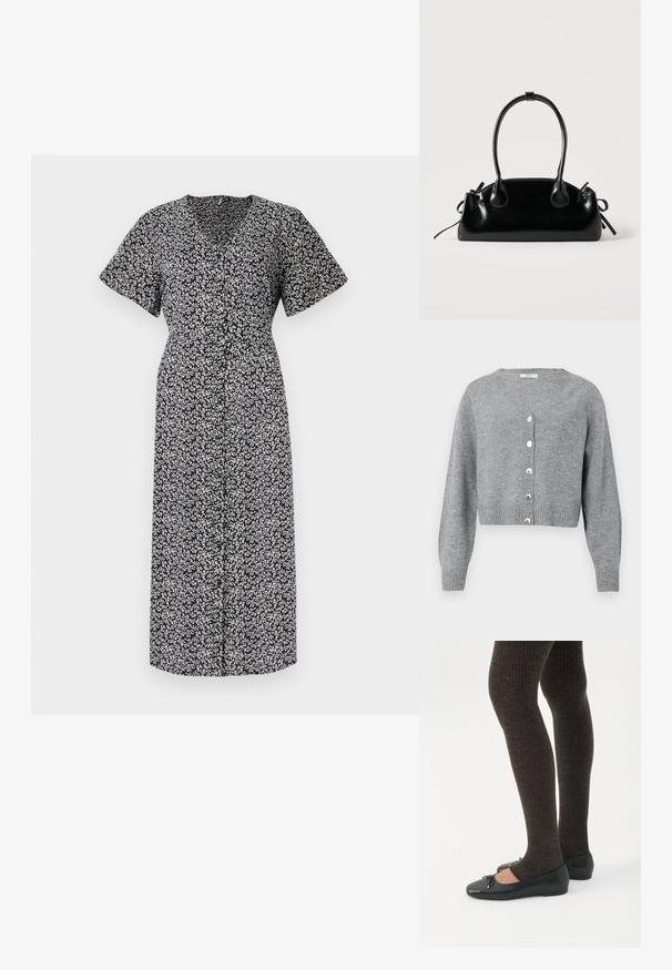 Cárdigan corto de manga larga en gris claro, con escote en V, puños y dobladillo acanalados, y seis botones perlados en la parte delantera.; Vestido con estampado floral en blanco y negro, de manga corta, escote en V profundo, con botones en la parte delantera, hasta la rodilla, hecho de tela ligera, con un ajuste cómodo.; Piernas con leggings oscuros acanalados combinados con bailarinas negras que presentan pequeños detalles de lazo sobre un fondo blanco.; Pequeño bolso negro brillante con dos asas largas y detalles de cordón lateral sobre un fondo claro liso.