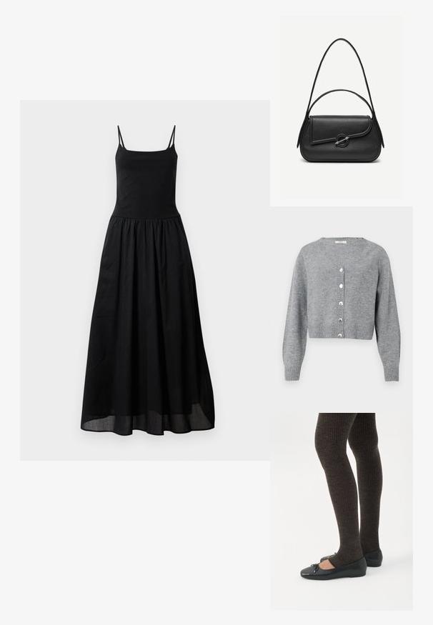 Cárdigan corto de manga larga en gris claro, con escote en V, puños y dobladillo acanalados, y seis botones perlados en la parte delantera.; Vestido maxi negro con tirantes finos, cuerpo ajustado y falda acampanada y fluida hecha de una tela suave. El dobladillo presenta una superposición transparente.; Piernas con leggings oscuros acanalados combinados con bailarinas negras que presentan pequeños detalles de lazo sobre un fondo blanco.; Bolso de cuero negro con bordes redondeados, solapa asimétrica, cierre circular de metal y correas de hombro cortas y largas.