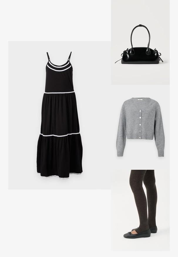 Lysegrå, langærmet cropped cardigan med V-hals, ribbede manchetter og kant, samt seks perle-lignende knapper foran.; Sort bomulds maxi kjole med justerbare spaghetti stropper, hvidt bølget kant, lagdelt design og flydende skørt. Passer til afslappet brug.; Ben iført mørke ribbede leggings kombineret med sorte balletsko med små sløjfedetaljer på hvid baggrund.; Lille sort blank håndtaske med to lange håndtag og snøre-detaljer i siden på en ensfarvet lys baggrund.