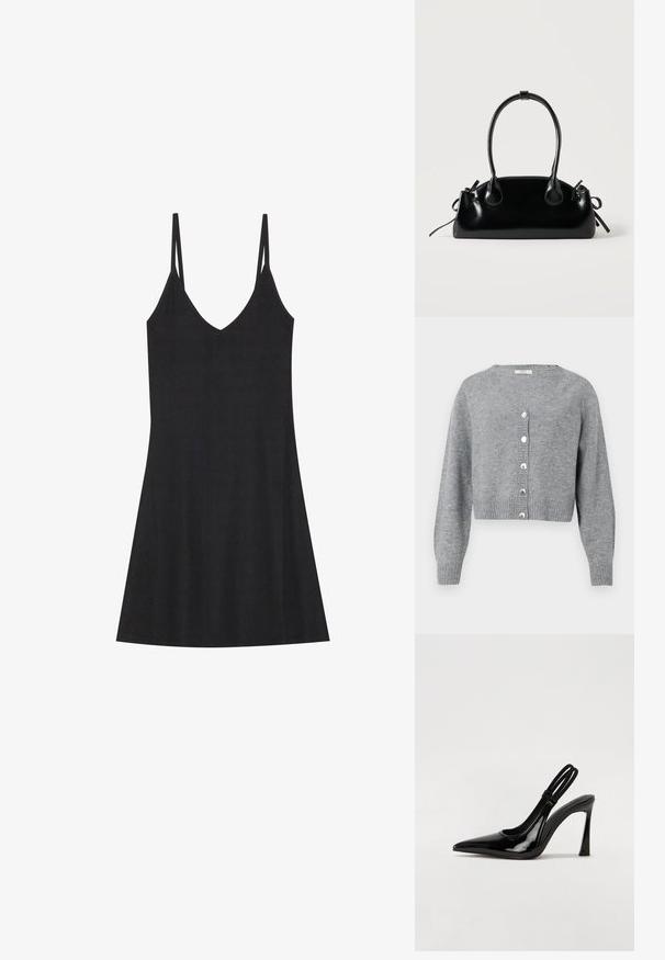 Lichtgrijze, cropped cardigan met lange mouwen en V-hals, geribbelde manchetten en zoom, en zes parelachtige knopen aan de voorkant.; Zwarte geribbelde slipdress met een V-hals en dunne verstelbare bandjes. Heeft een relaxed fit, valt boven de knieën en heeft een minimalistisch ontwerp.; Zwarte gepatineerde leren slingback pump met puntige neus, slanke hoge hak en dubbele elastische band voor een veilige pasvorm. Gladde, glanzende oppervlakte.; Kleine zwarte glanzende handtas met twee lange hengsels en zijkant trekkoord details op een effen lichte achtergrond.