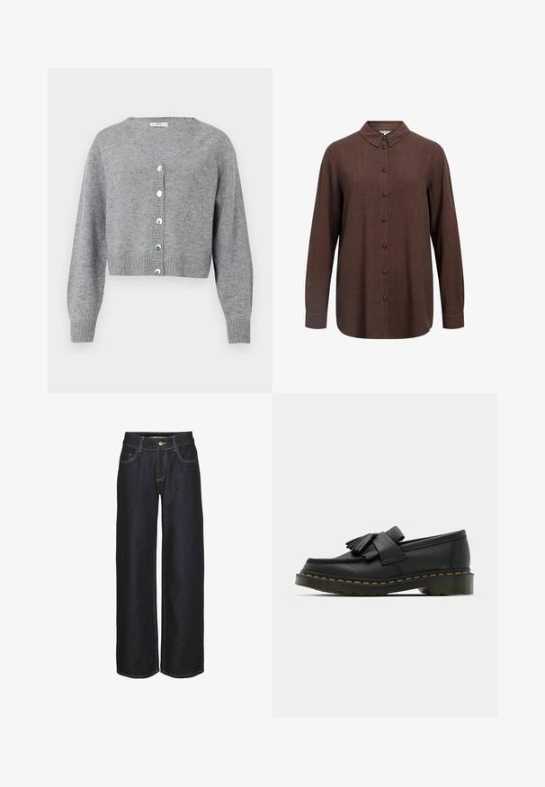 Lichtgrijze, cropped cardigan met lange mouwen en V-hals, geribbelde manchetten en zoom, en zes parelachtige knopen aan de voorkant.; Bruine blouse met lange mouwen, knopen, puntkraag en manchetten, effen stof en een rechte zoom.; Donkerblauwe rechte jeans met voorzakken, riemlussen en gele contrasterende stiksels, weergegeven op een witte achtergrond.; Zwarte leren loafers met een ronde neus, voorzien van een franjesdetail en een decoratieve band aan de voorkant, geplaatst op een chunky hak.