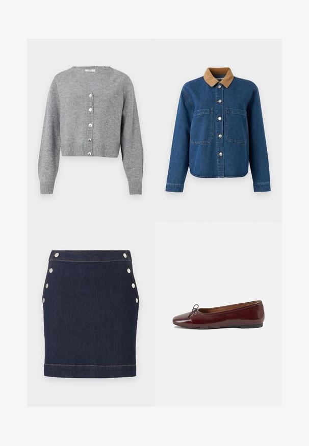 Lysegrå, langærmet cropped cardigan med V-hals, ribbede manchetter og kant, samt seks perle-lignende knapper foran.; Denimjakke med en brun corduroykrave, frontlukning med knapper, to store brystlommer og en afslappet pasform. Blåt stof med subtil tekstur.; Mørkeblå denim mini nederdel med seks sølvfarvede trykknapper, tre på hver side, og synlige lysebrune syninger ved talje og kant.; Bordeaux patentlæder balletflad med rund tå, lille sløjfeaccent foran og en lav, sort gummisål. Glat tekstur.