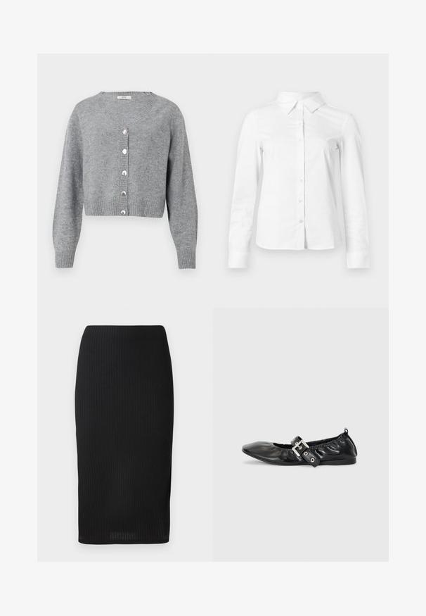 Lysegrå, langærmet cropped cardigan med V-hals, ribbede manchetter og kant, samt seks perle-lignende knapper foran.; Hvid skjorte med lange ærmer, knapper, spids krave, lige kant og tætsiddende silhuet, vist på en ensartet lys baggrund.; Sort ribbet blyantskørt i tætsiddende design med en glat tekstur og en længde til knæene. Simpel talje uden udsmykninger.; Sorte læder flade sko med spids tå, samling detaljer omkring åbningen, og en sølv spænde accent på den justerbare rem.