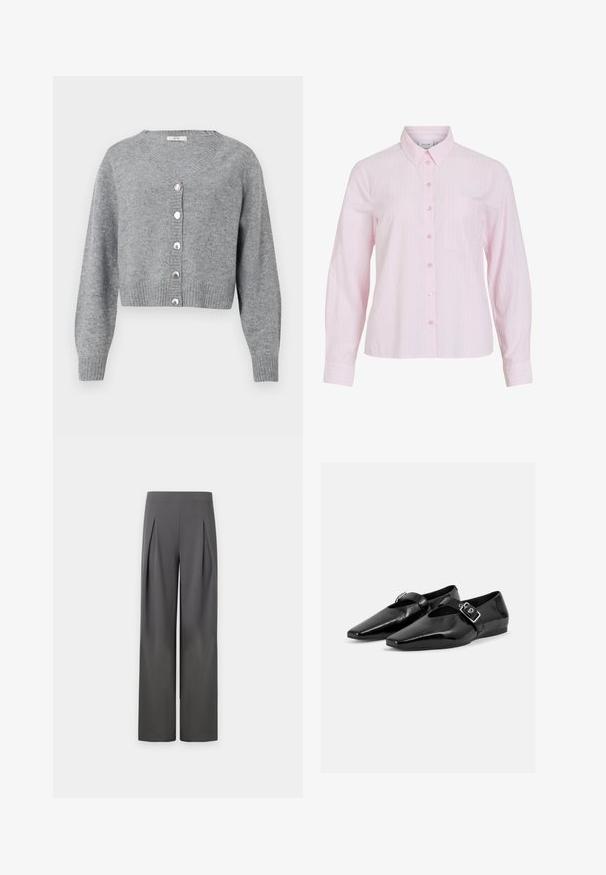 Cardigan court à manches longues gris clair avec col en V, poignets et ourlet côtelés, et six boutons en forme de perles sur le devant.; Chemise rose pâle à manches longues avec des rayures blanches verticales, fermeture boutonnée à l'avant, col et poche poitrine gauche. Tissu en coton lisse.; Pantalon large taille haute gris foncé avec plis à l'avant s'étendant de la taille jusqu'au milieu de la cuisse sur un fond neutre.; Paire de chaussures plates en cuir verni noir à bouts pointus avec une bride à boucle sur le dessus, montrée sur un fond clair uni.