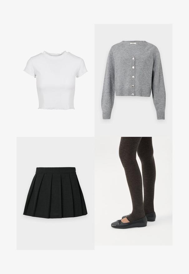 Cardigan court à manches longues gris clair avec col en V, poignets et ourlet côtelés, et six boutons en forme de perles sur le devant.; T-shirt blanc, coupé, en tissu côtelé. Il présente des manches courtes avec des bords effilochés et un col rond avec un détail froncé.; Jupe plissée noire en tissu texturé. Dispose d'une taille et d'un léger motif écossais tout au long. Longueur courte avec des plis superposés.; Jambes portant des leggings côtelés foncés associés à des ballerines noires avec de petits détails en nœud sur fond blanc.