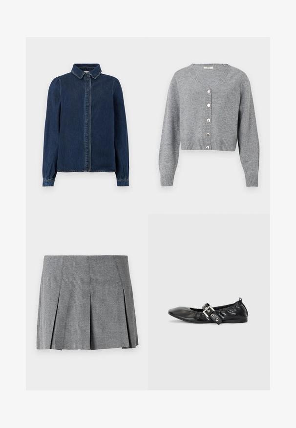 Lichtgrijze, cropped cardigan met lange mouwen en V-hals, geribbelde manchetten en zoom, en zes parelachtige knopen aan de voorkant.; Donkerblauwe denimshirt met een klassieke kraag, knopen aan de voorkant en lange mouwen met gathered cuffs. Heeft contrasterende stiksels overal.; Grijze geplooide mini-jurk gemaakt van textuurstof, met een ruitpatroon en een rechte snit met splitdetails aan de zijkant.; Zwarte leren platte schoen met een spitse neus, geplooide details rond de opening en een zilveren gespaccentueerde verstelbare band.