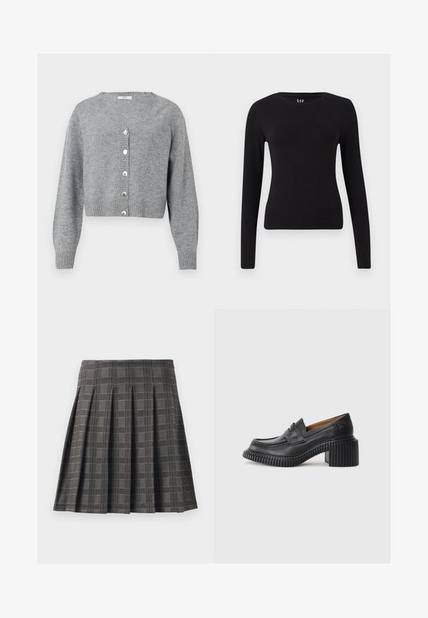 Lysegrå, langærmet cropped cardigan med V-hals, ribbede manchetter og kant, samt seks perle-lignende knapper foran.; Sort langærmet tætsiddende t-shirt med rund hals og lige kant, vist på en hvid baggrund.; Plisseret nederdel i et gråt ternet mønster, lavet af et tekstureret stof. Har lodrette pliser og en lige kant.; Sorte læderloafers med en tyk, rillede gummihæl. Har en rund tå og et vandret rem over vamps. Tekstureret sål.