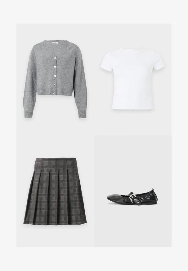 Cardigan court à manches longues gris clair avec col en V, poignets et ourlet côtelés, et six boutons en forme de perles sur le devant.; T-shirt blanc uni à manches courtes et col rond, présenté sur un fond gris clair neutre.; Jupe plissée à motif écossais gris, fabriquée à partir d'un tissu texturé. Elle présente des plis verticaux et un ourlet droit.; Chaussure plate en cuir noir avec un nez pointu, des détails froncés autour de l'ouverture et un accent en boucle argentée sur la bride ajustable.