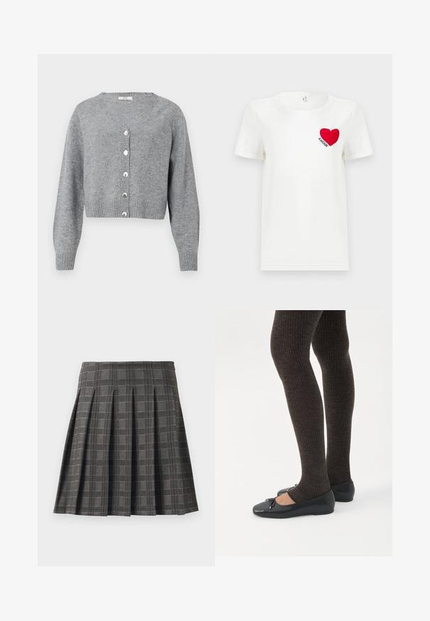 Lysegrå, langærmet cropped cardigan med V-hals, ribbede manchetter og kant, samt seks perle-lignende knapper foran.; Hvid T-shirt med korte ærmer, prydet med et rødt hjerte og ordet "AMOUR" trykt på venstre bryst.; Plisseret nederdel i et gråt ternet mønster, lavet af et tekstureret stof. Har lodrette pliser og en lige kant.; Ben iført mørke ribbede leggings kombineret med sorte balletsko med små sløjfedetaljer på hvid baggrund.