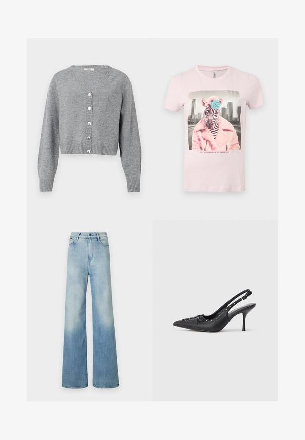 Lichtgrijze, cropped cardigan met lange mouwen en V-hals, geribbelde manchetten en zoom, en zes parelachtige knopen aan de voorkant.; Lichtroze t-shirt met een zebra-afbeelding in een roze nepbontjas met een blauwe bloem op zijn hoofd, tegen een stadsprofiel achtergrond.; Lichtblauwe wijde jeans van denim, met een hoge taille, vijf zakken en subtiele vervaging langs de benen.; Zwarte leren slingback stiletto met spitse neus, zijgesp met gesp, studs langs de rand en decoratieve veters aan de voorkant.
