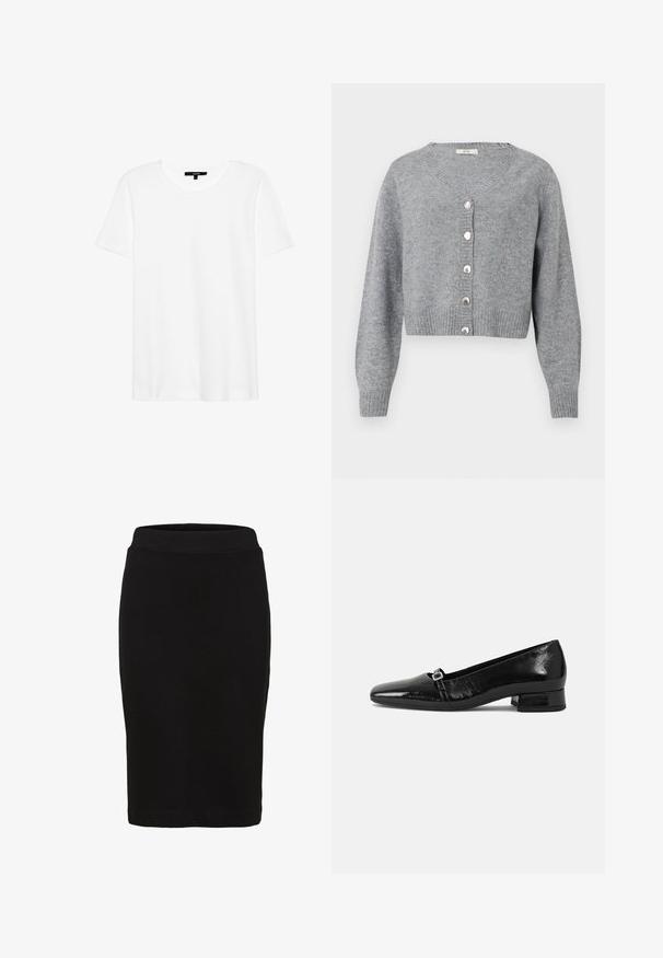 Lichtgrijze, cropped cardigan met lange mouwen en V-hals, geribbelde manchetten en zoom, en zes parelachtige knopen aan de voorkant.; Witte t-shirt met korte mouwen en een ronde hals. Gemaakt van zachte stof, heeft het een relaxte pasvorm en een eenvoudig ontwerp zonder patronen of accenten.; Zwarte kokerrok tot op de knie met een aansluitende tailleband en gladde stof, afgebeeld tegen een witte achtergrond.; Zwarte laarzen van gepatenteerd leer met een puntige neus, een lage vierkante hak en een kleine metalen gespdetail op de band. Gladde textuur.