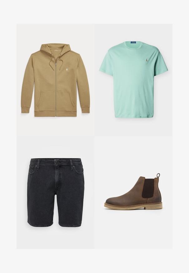 Hellbrauner Kapuzenpullover mit Reißverschluss, Vordertaschen, Kordelzug an der Kapuze und kleinem weißem gesticktem Logo auf der linken Brust.; Hellgrünes Poloshirt von Polo Ralph Lauren mit Rundhalsausschnitt, kurzen Ärmeln und kleinem, gesticktem Pferdelogo auf der linken Brust.; Schwarze Denim-Shorts mit klassischem Design, ausgestattet mit einer Frontknopfleiste, Gürtelschlaufen und Fünf-Taschen-Style. Leicht ausgewaschene Textur.; Braune Leder-Chelsea-Stiefel mit elastischen Seitenpaneelen, abgerundeter Zehe, Zuglasche und einer hellbraunen strukturierten Sohle.