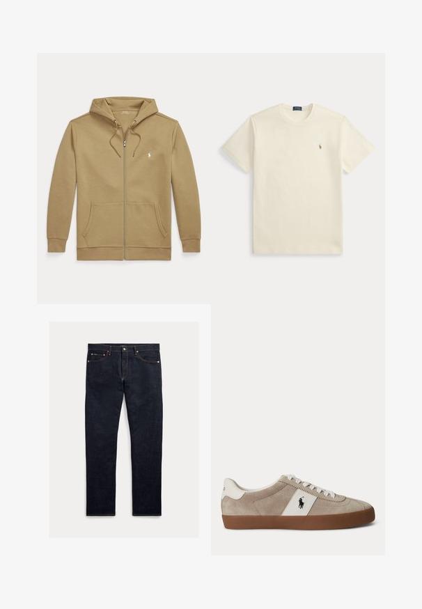Lysebrun lynlåshoodie med frontlommer, snørejusterbar hætte og lille hvid broderet logo på venstre bryst.; Kremfarvet Polo Ralph Lauren t-shirt med korte ærmer, rund halsudskæring og lille broderet logo på venstre bryst.; Mørke denimjeans med lige ben, fem lommer, orange syninger og lukning med knapper. Stoffet har en glat tekstur.; Beige ruskind lav-top sneaker med hvide snørebånd, hvid læder accent med sort hest logo og brun gummisål.