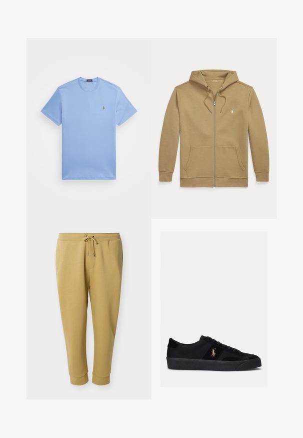 Sudadera con capucha marrón claro con cremallera, bolsillos delanteros, capucha con cordón y pequeño logo blanco bordado en el pecho izquierdo.; Camiseta de manga corta azul claro hecha de una mezcla de algodón. Presenta un cuello redondo y un pequeño logo bordado en el lado izquierdo del pecho.; Pantalones jogger marrón claro con cintura de cordón, tobillos con puños, bolsillos laterales y pequeño logo blanco de jugador de polo en el muslo derecho.; Zapatillas negras con parte superior de tela y ante, puntera redondeada, suela de goma plana y logo bordado en el lateral. Diseño de cordones con seis ojales.