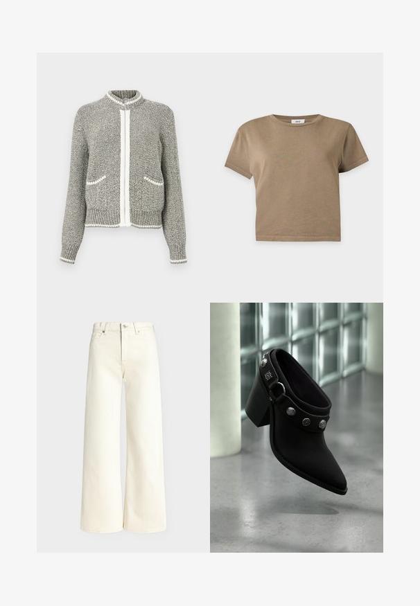 Cardigan zippé en maille gris et blanc avec manches longues, deux poches devant, poignets et ourlet côtelés.; T-shirt court marron uni à manches courtes avec col rond sur fond gris clair.; Jean crème taille haute à jambes larges avec passants de ceinture, bouton devant, braguette zippée et poches latérales, présenté sur fond uni.; Mule noire à bout pointu avec talon épais et clous argentés en forme de toile d'araignée et de crâne sur un sol gris lisse près de blocs de verre.