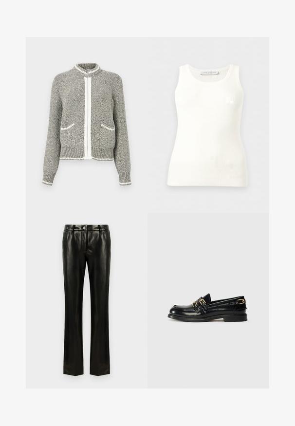 Cardigan zippé en maille gris et blanc avec manches longues, deux poches devant, poignets et ourlet côtelés.; Débardeur blanc côtelé sans manches avec encolure ronde, coupe ajustée, et étiquette de la marque à l'intérieur du col arrière.; Pantalons droits en simili cuir noir avec fermeture à bouton et à glissière, passants de ceinture et poches latérales, présentés sur un fond blanc.; Mocassins en cuir noir avec une finition brillante, dotés de deux boucles dorées et d'un talon bas. Texture lisse avec un design à bout arrondi.