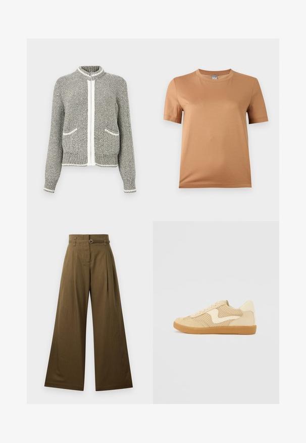 Grau-weiße Strickjacke mit Reißverschluss, langen Ärmeln, zwei Vordertaschen sowie gerippten Bündchen und Saum.; Beiges T-Shirt mit kurzen Ärmeln und Rundhalsausschnitt, mit kleinem grauem Etikett mit der Aufschrift "MM" am Halsausschnitt, vor hellem Hintergrund dargestellt.; Weite Hose aus olivgrünem Stoff, mit hoher Taille, vorderen Falten und einem silbernen, runden Gürtelschnallen-Detail. Angenehme, glatte Textur.; Beige Sneaker aus Wildleder und Mesh-Materialien, runde Form, auffälliger gepolsterter Kragen und eine Sohle aus Gummi. Verfügt über ein wellenförmiges Design-Highlight.