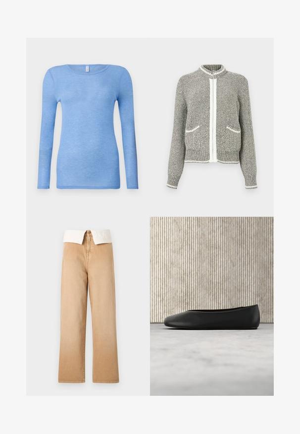 Grijs-witte gebreide cardigan met rits, lange mouwen, twee voorzakken en geribbelde manchetten en zoom.; Lichtblauwe t-shirt met lange mouwen in een zachte, lichte stof. Heeft een ronde hals en een aansluitend ontwerp. Geen zichtbare patronen of accenten.; Beige hoge taille, wijd uitlopende broek met zichtbare knoop- en ritssluiting, gecombineerd met een wit overhemd met boord, ingestopt.; Zwarte leren balletflat met een afgeronde neus, een gladde textuur en een gouden logoaccent aan de zijkant. Geplaatst boven een reflecterend oppervlak.