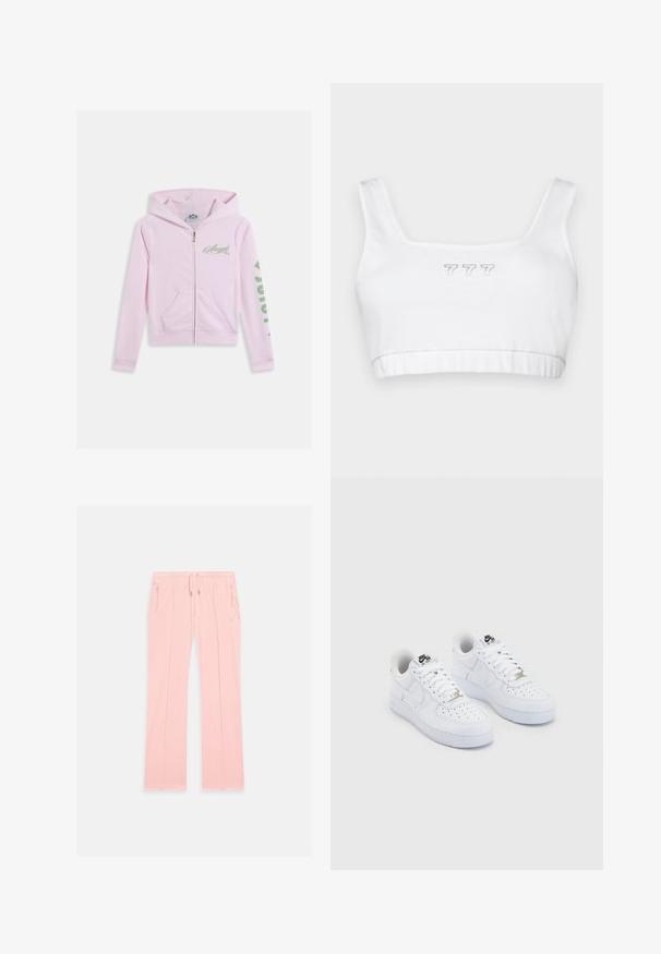 Ružová mikina na zips z jemnej tkaniny. Má klokanie vrecko, kapucňu, na hrudi zelený nápis „Angel“ a na rukáve „2020“.; Biela bavlnená crop top s obdĺžnikovým výstrihom, s jemným sivým vyšitým nápisom "777" v strede a hladkou textúrou po celom povrchu.; Svetlé ružové tepláky vyrobené z mäkkého materiálu, s elastickým pásom na šnúrku, bočnými zipsovými vreckami a jemnými stehmi pozdĺž nohavíc.; Biele tenisky Nike Air Force 1 s hladkým koženým zvrškom, perforovanou špičkou, bielymi šnúrkami a čiernym logom na jazyku.