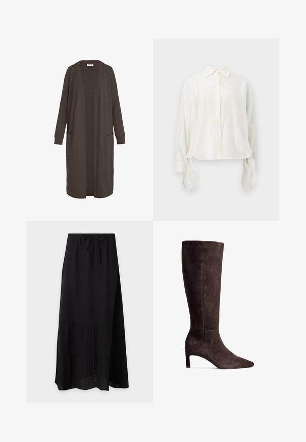 Langer dunkelbrauner Cardigan mit offenem Vorderteil, langen Ärmeln und Vorderentaschen, auf weißem Hintergrund dargestellt.; Weiße, langärmelige, zum Knöpfen geeignete Bluse mit spitzem Kragen und Stoffbändern, die von jeder Manschette hängen, auf neutralem Hintergrund dargestellt.; Langer schwarzer Stufenrock mit elastischem Bund und Kordelzug, aus leichtem Stoff.; Braune Wildlederkniehohe Stiefel mit spitzer Zehe und 7,5 cm hohem Absatz. Glatte Textur, elegante Silhouette und minimalistisches Design.
